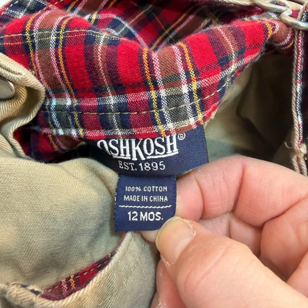 OshKosh B'gosh Baby Boy‎ 12 Month Tan Overalls Shirt Set Plaid Trim Vintage